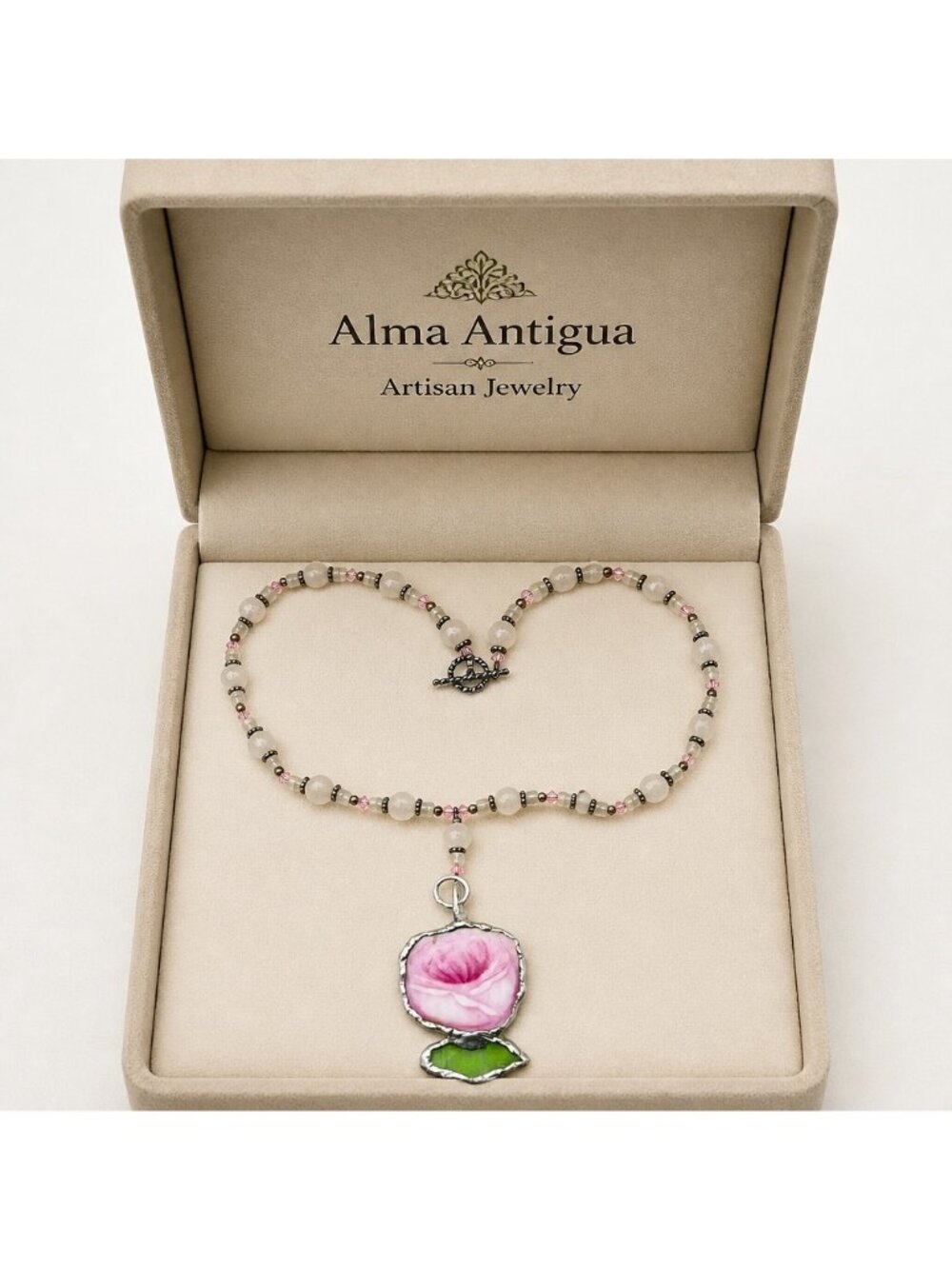 Pink Rose Broken China & Sea Glass Pendant | Pink Quartz Necklace | Alma Antigua - Picture 6 of 11
